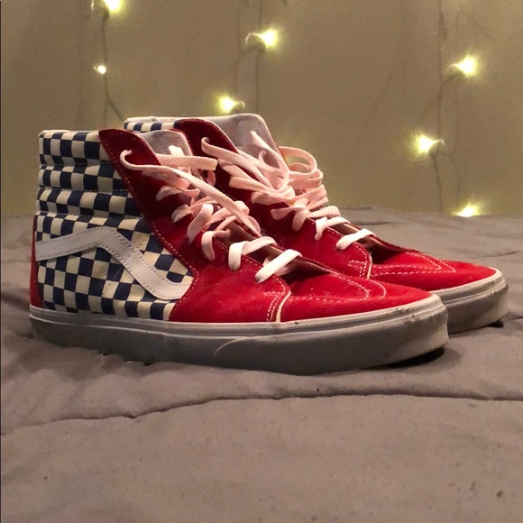 red high top checkerboard vans